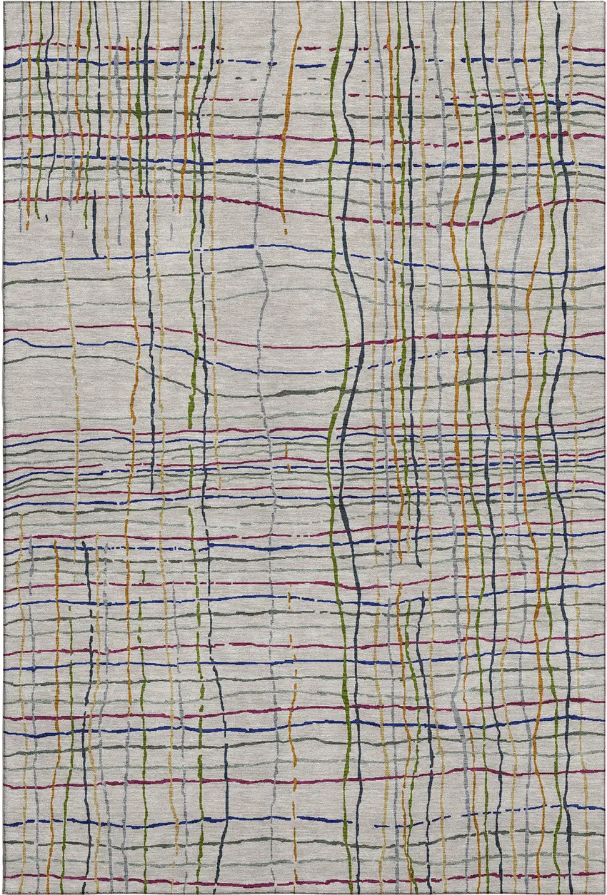 Beige Gold And Blue Striped Washable Area Rug With UV Protection Photo 1