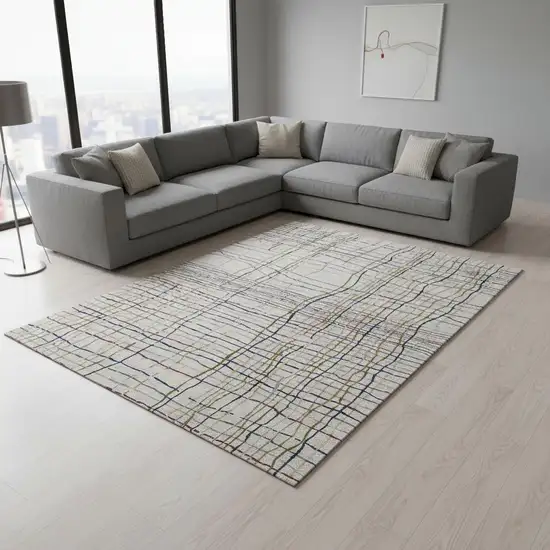 Beige Gold And Blue Striped Washable Area Rug With UV Protection Photo 2