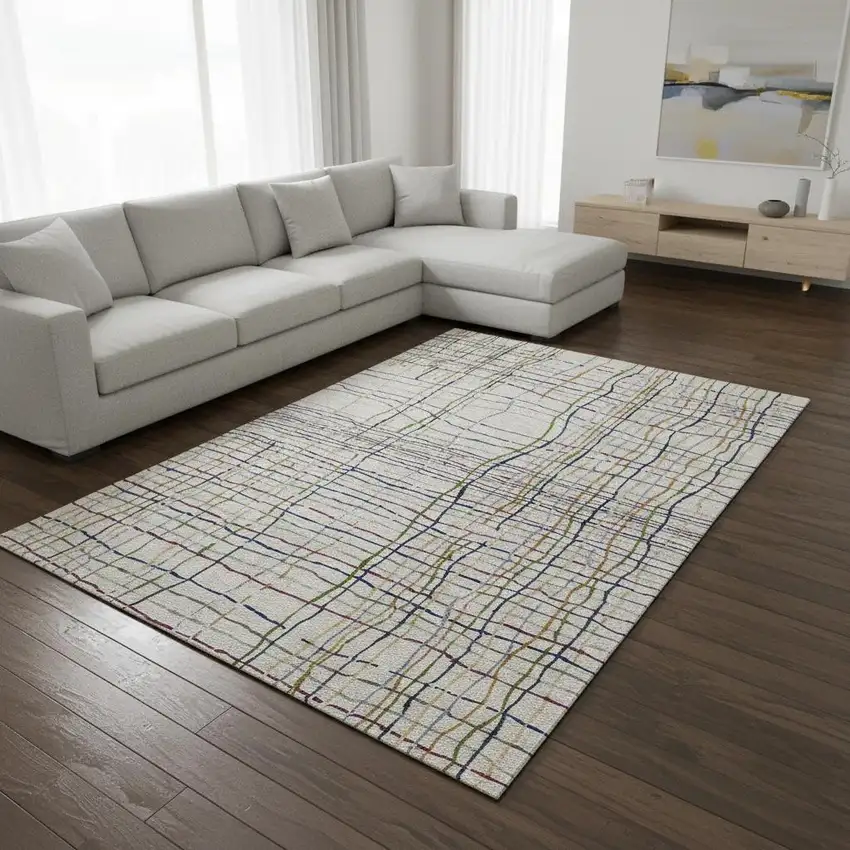 Beige Gold And Blue Striped Washable Area Rug With UV Protection Photo 2