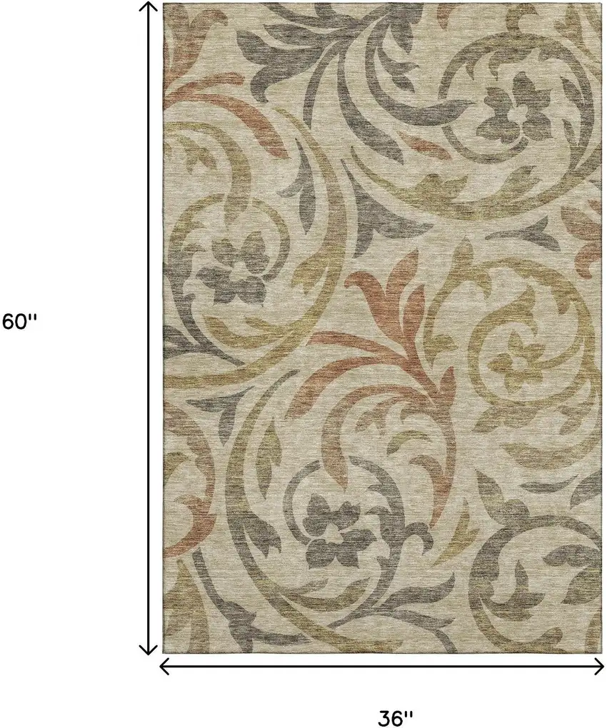 Beige Gold And Brown Floral Washable Area Rug With UV Protection Photo 3