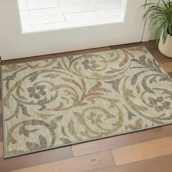 Beige Gold And Brown Floral Washable Area Rug With UV Protection Photo 2