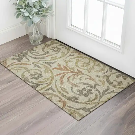 Beige Gold And Brown Floral Washable Area Rug With UV Protection Photo 1