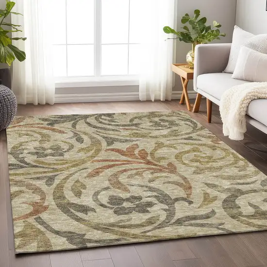 Beige Gold And Brown Floral Washable Area Rug With UV Protection Photo 4