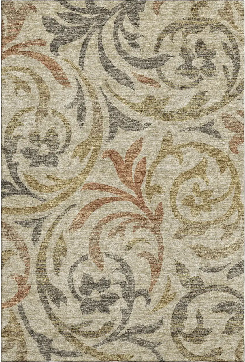 Beige Gold And Brown Floral Washable Area Rug With UV Protection Photo 1