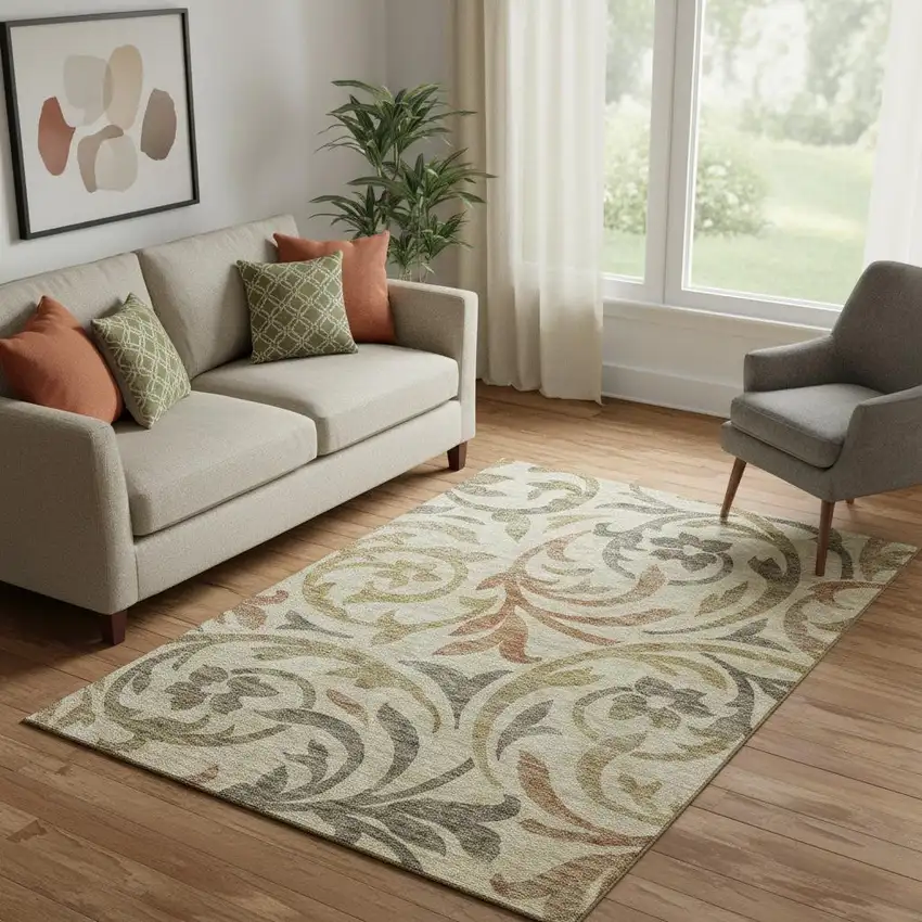 Beige Gold And Brown Floral Washable Area Rug With UV Protection Photo 1
