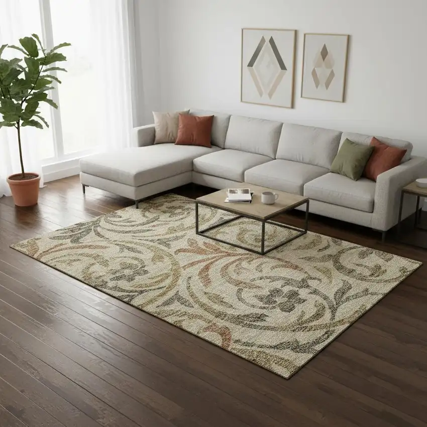 Beige Gold And Brown Floral Washable Area Rug With UV Protection Photo 2