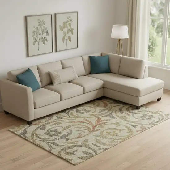 Beige Gold And Brown Floral Washable Area Rug With UV Protection Photo 1