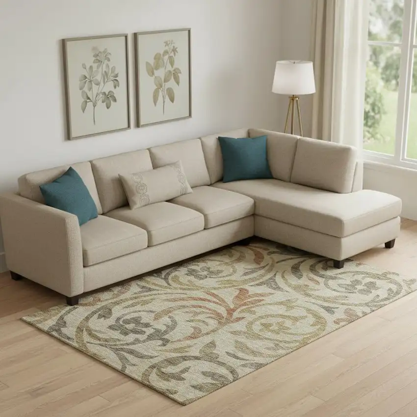 Beige Gold And Brown Floral Washable Area Rug With UV Protection Photo 1