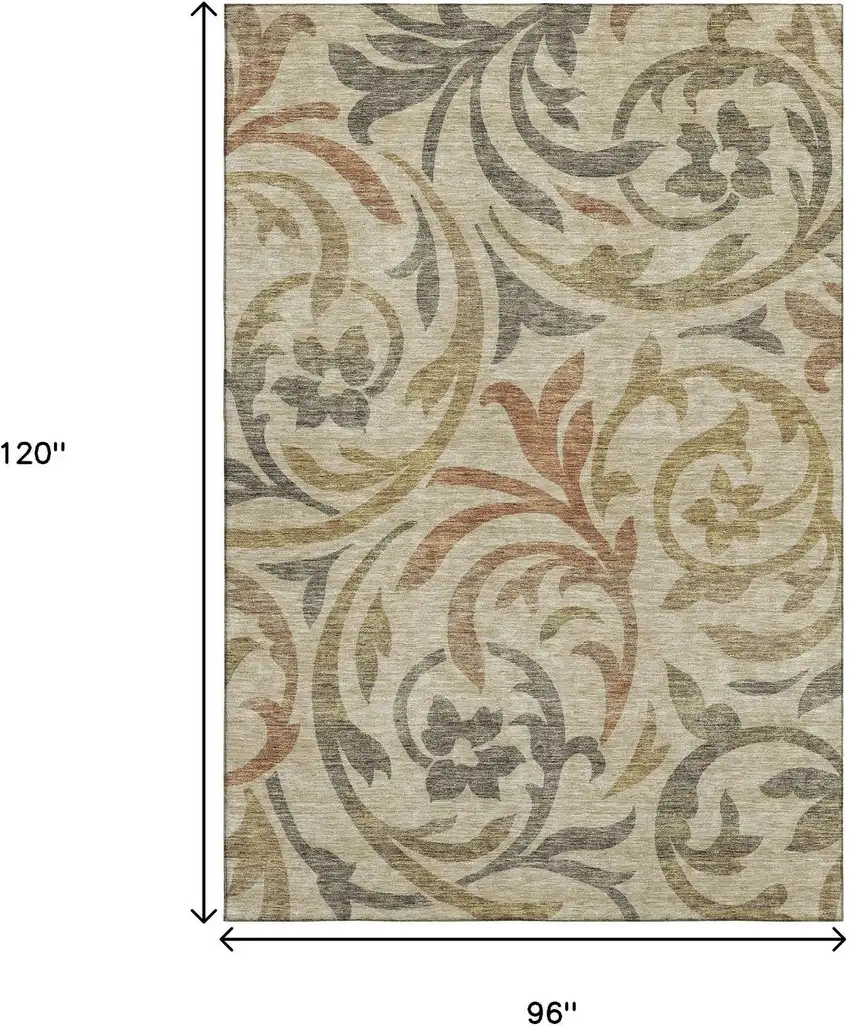 Beige Gold And Brown Floral Washable Area Rug With UV Protection Photo 3