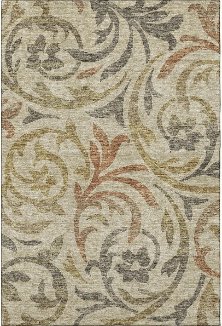 Beige Gold And Brown Floral Washable Area Rug With UV Protection Photo 4