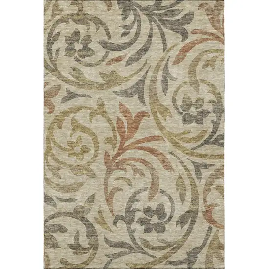 Beige Gold And Brown Floral Washable Area Rug With UV Protection Photo 4