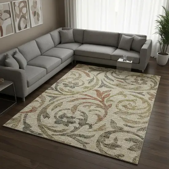 Beige Gold And Brown Floral Washable Area Rug With UV Protection Photo 2