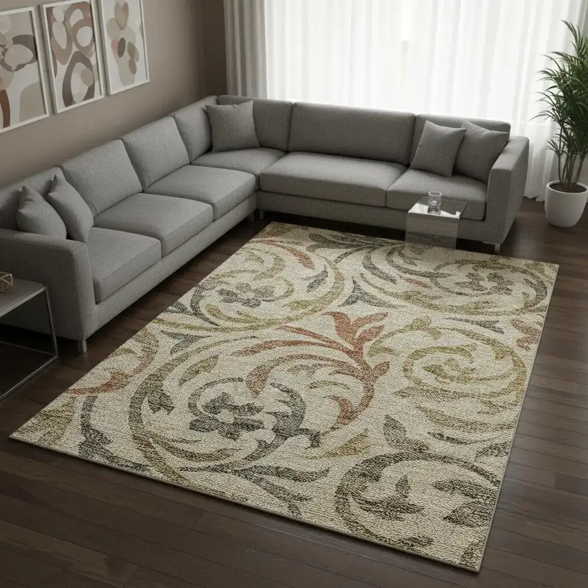 Beige Gold And Brown Floral Washable Area Rug With UV Protection Photo 2