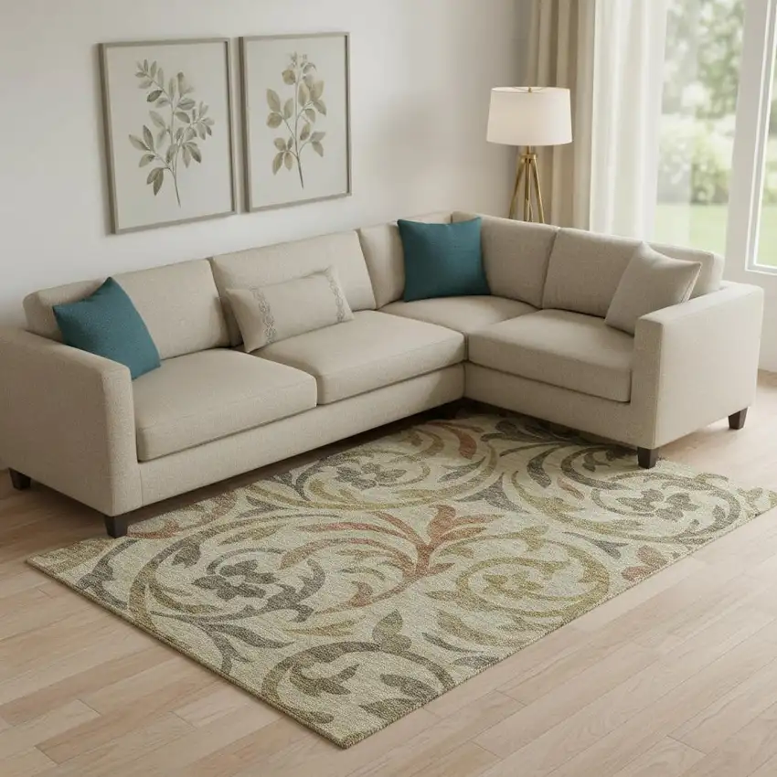 Beige Gold And Brown Floral Washable Area Rug With UV Protection Photo 1