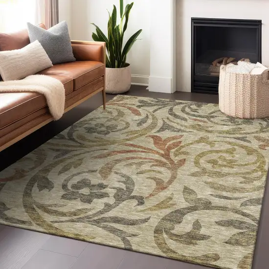 Beige Gold And Brown Floral Washable Area Rug With UV Protection Photo 6