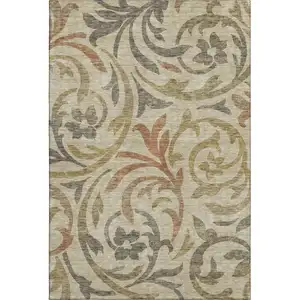 Photo of Beige Gold And Brown Floral Washable Area Rug With UV Protection