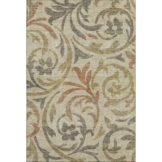 Beige Gold And Brown Floral Washable Area Rug With UV Protection Photo 1