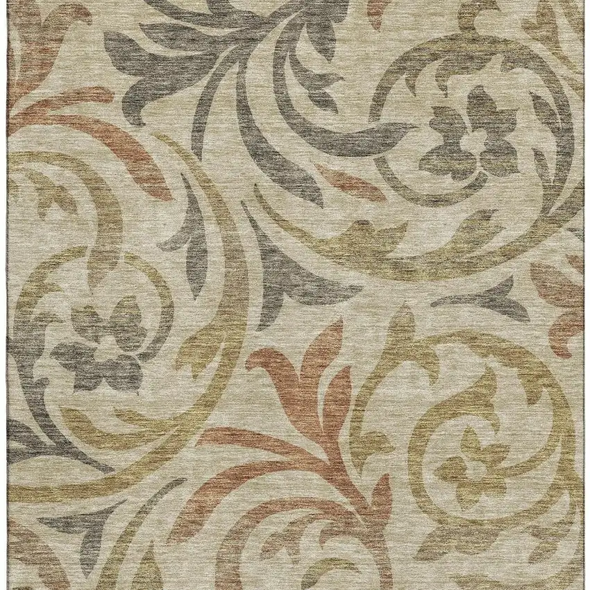 Beige Gold And Brown Floral Washable Area Rug With UV Protection Photo 4