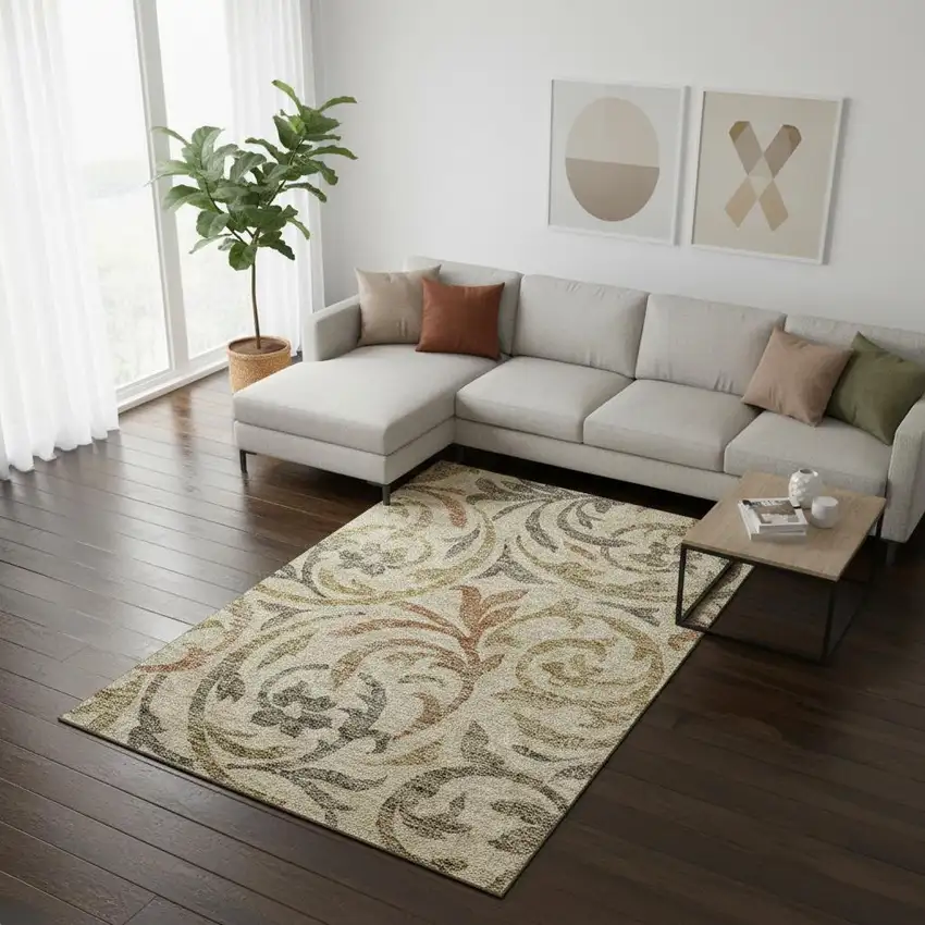 Beige Gold And Brown Floral Washable Area Rug With UV Protection Photo 2