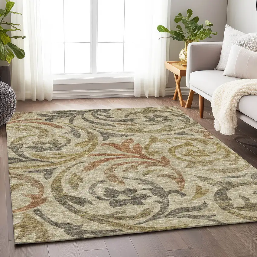 Beige Gold And Brown Floral Washable Area Rug With UV Protection Photo 5