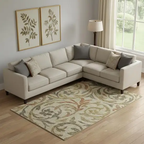 Beige Gold And Brown Floral Washable Area Rug With UV Protection Photo 1