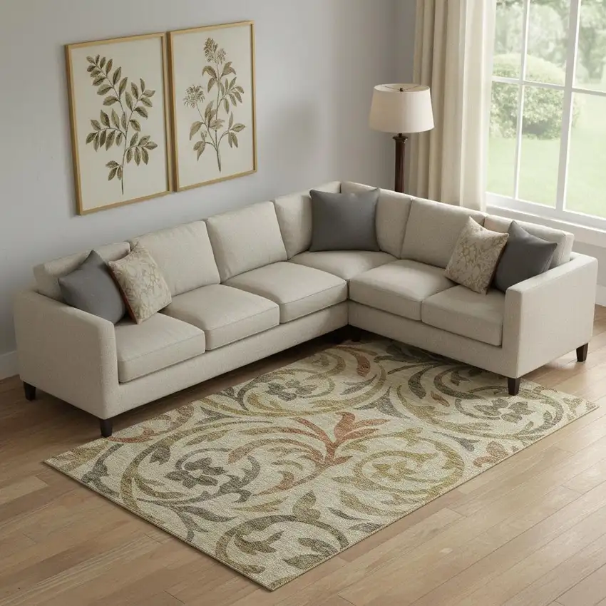 Beige Gold And Brown Floral Washable Area Rug With UV Protection Photo 1