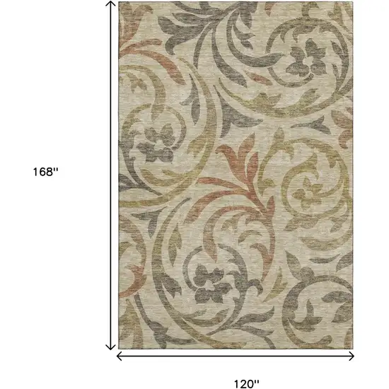 Beige Gold And Brown Floral Washable Area Rug With UV Protection Photo 3