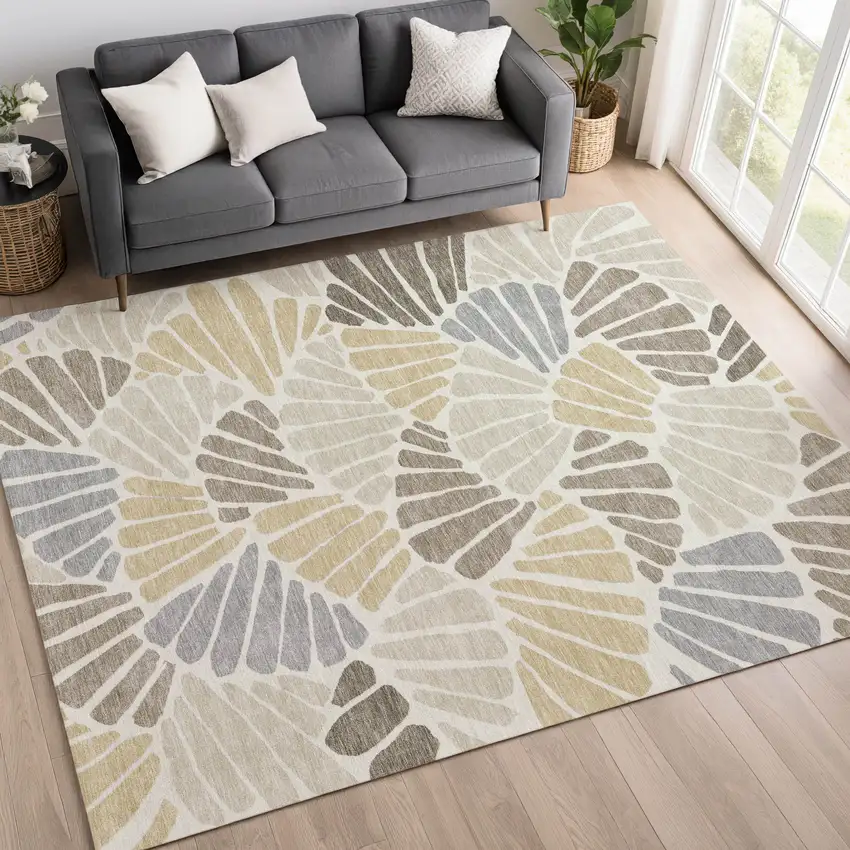 Beige Gold And Brown Floral Washable Indoor Outdoor Area Rug Photo 4