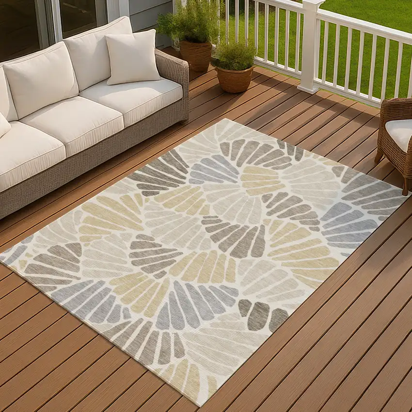 Beige Gold And Brown Floral Washable Indoor Outdoor Area Rug Photo 2