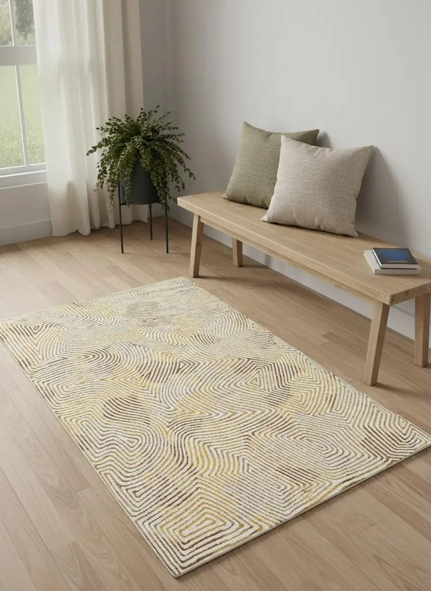Beige Gold And Brown Geometric Washable Area Rug With UV Protection Photo 1