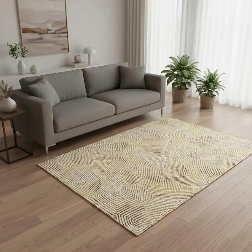 Beige Gold And Brown Geometric Washable Area Rug With UV Protection Photo 1