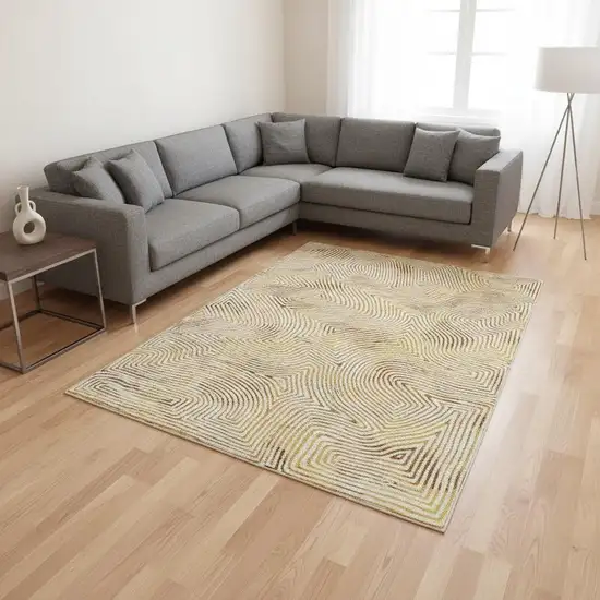 Beige Gold And Brown Geometric Washable Area Rug With UV Protection Photo 1