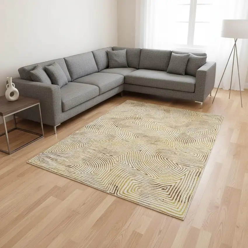 Beige Gold And Brown Geometric Washable Area Rug With UV Protection Photo 1