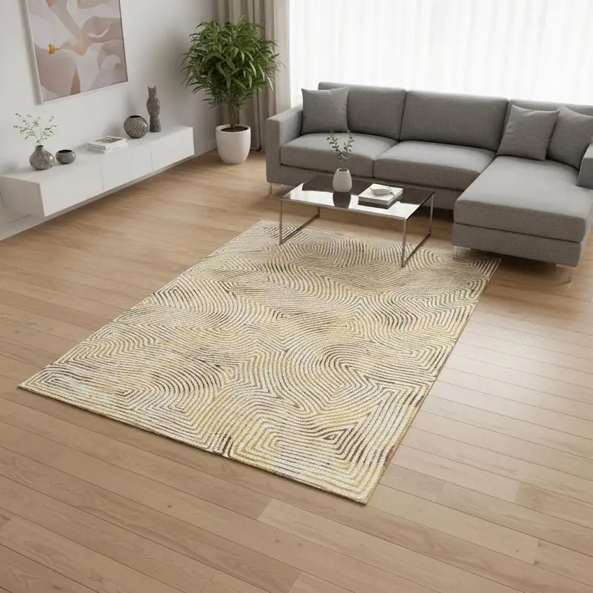 Beige Gold And Brown Geometric Washable Area Rug With UV Protection Photo 1