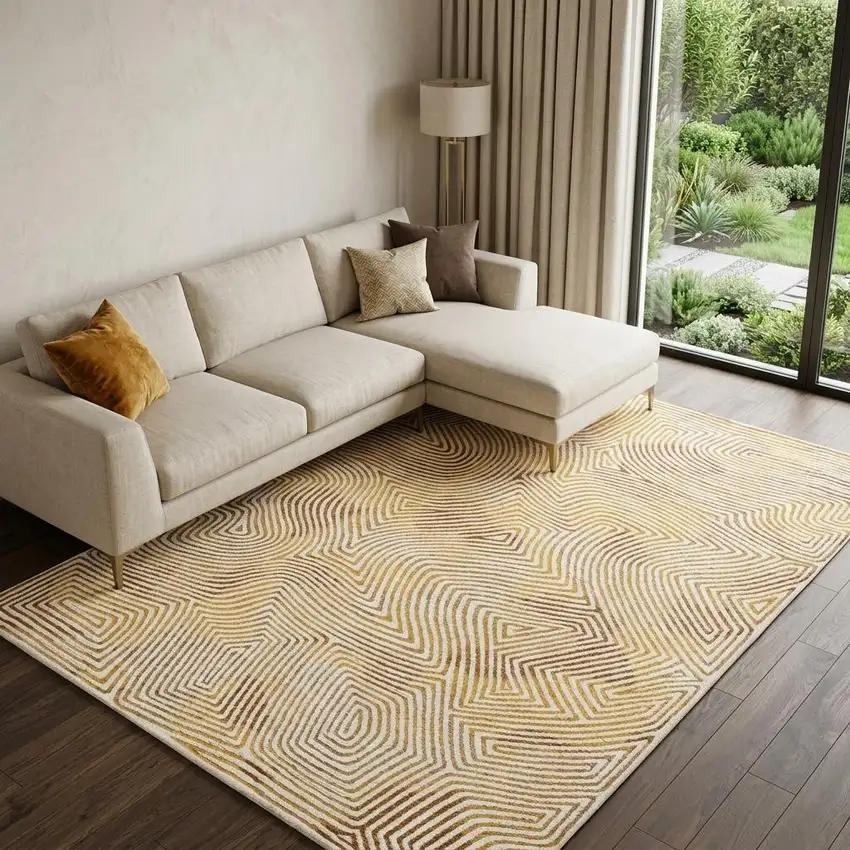 Beige Gold And Brown Geometric Washable Area Rug With UV Protection Photo 1