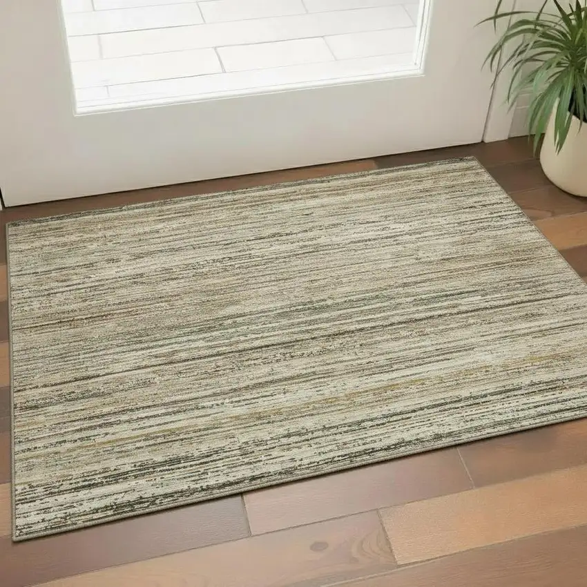 Beige Gold And Brown Striped Washable Area Rug With UV Protection Photo 2