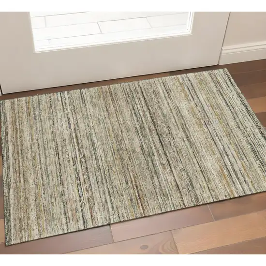Beige Gold And Brown Striped Washable Area Rug With UV Protection Photo 1