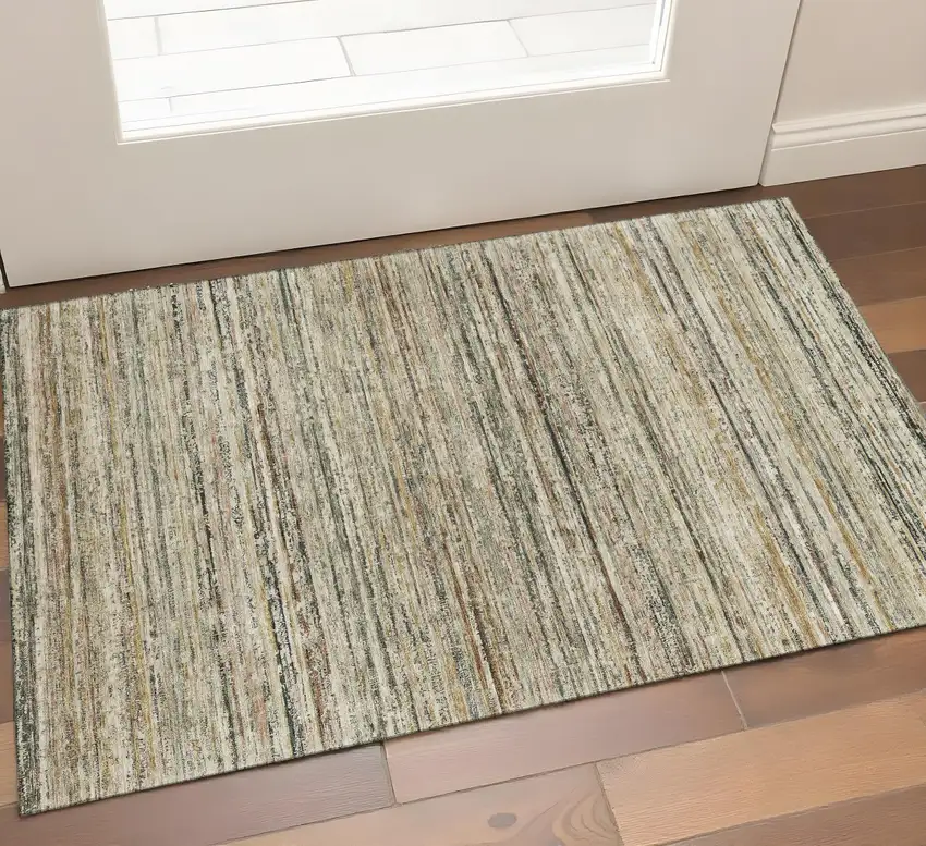 Beige Gold And Brown Striped Washable Area Rug With UV Protection Photo 1