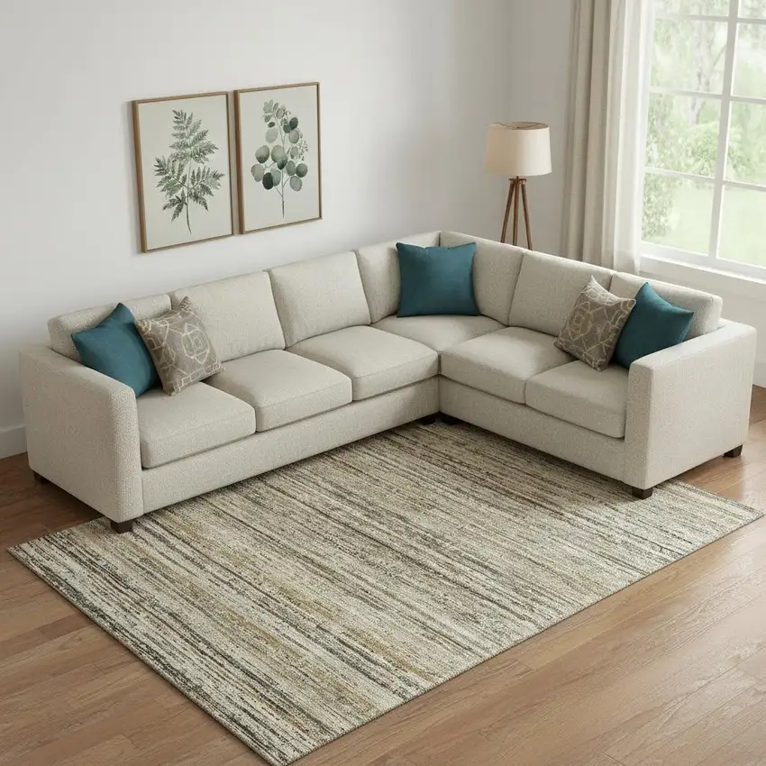 Beige Gold And Brown Striped Washable Area Rug With UV Protection Photo 2