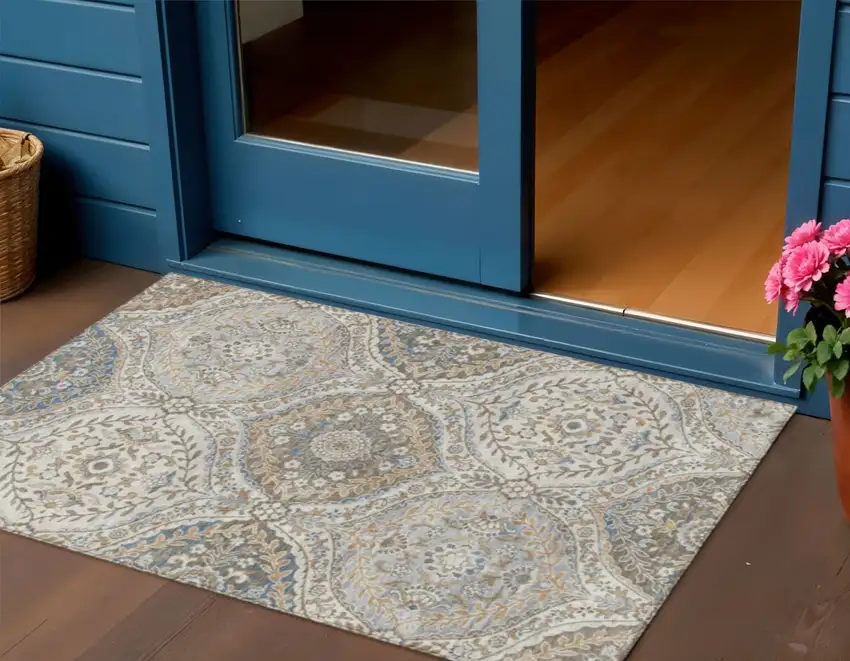 Beige Gold And Denim Blue Floral Washable Indoor Outdoor Area Rug Photo 2