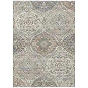 Photo of Beige Gold And Denim Blue Floral Washable Indoor Outdoor Area Rug