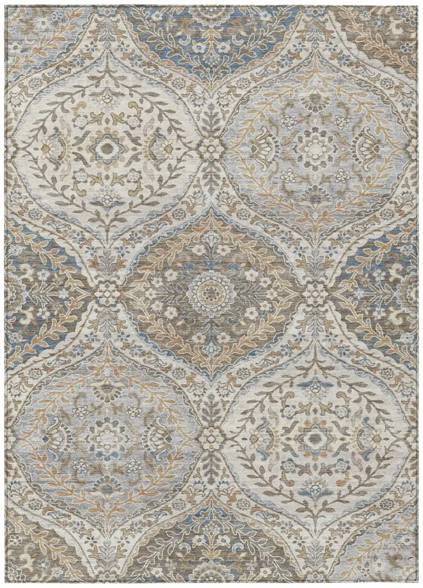 Beige Gold And Denim Blue Floral Washable Indoor Outdoor Area Rug Photo 1