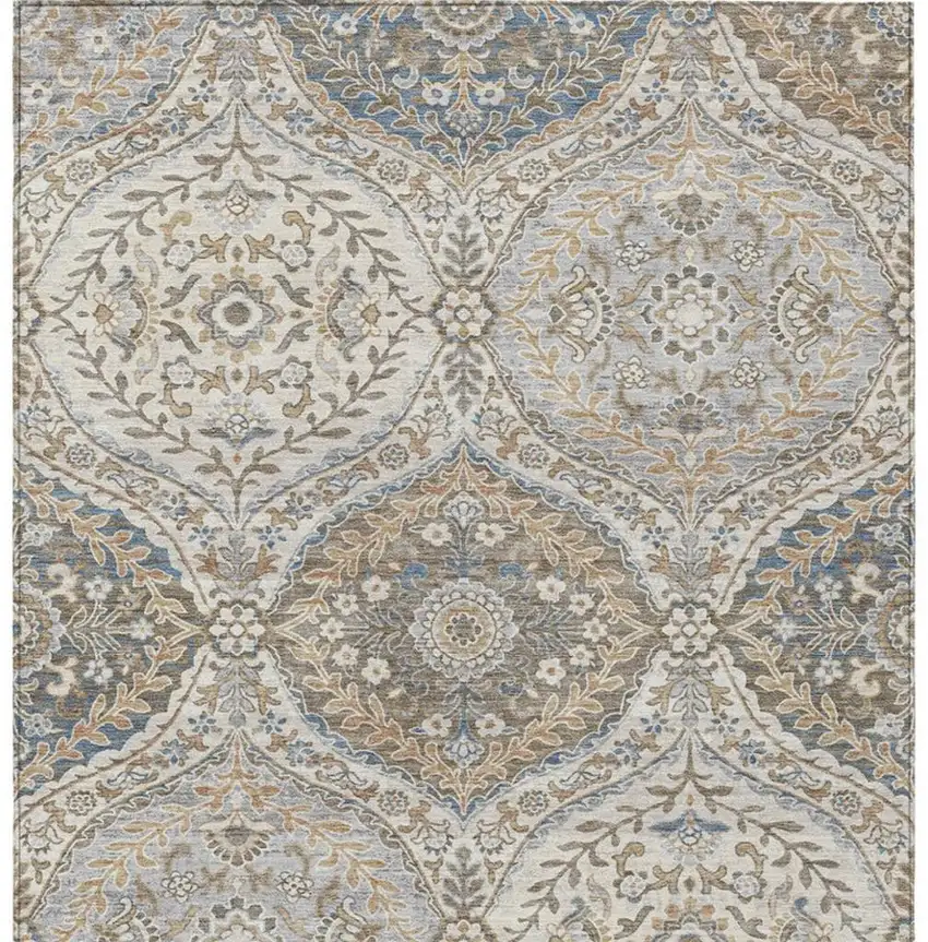 Beige Gold And Denim Blue Floral Washable Indoor Outdoor Area Rug Photo 4