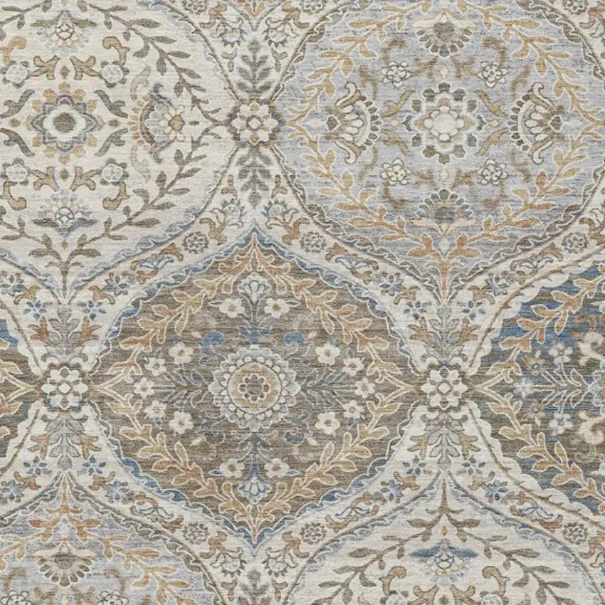 Beige Gold And Denim Blue Floral Washable Indoor Outdoor Area Rug Photo 4