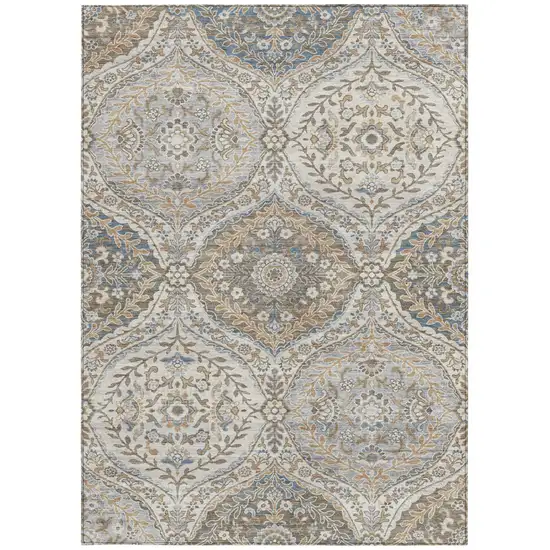 Beige Gold And Denim Blue Floral Washable Indoor Outdoor Area Rug Photo 3