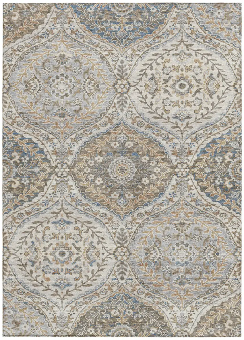 Beige Gold And Denim Blue Floral Washable Indoor Outdoor Area Rug Photo 3