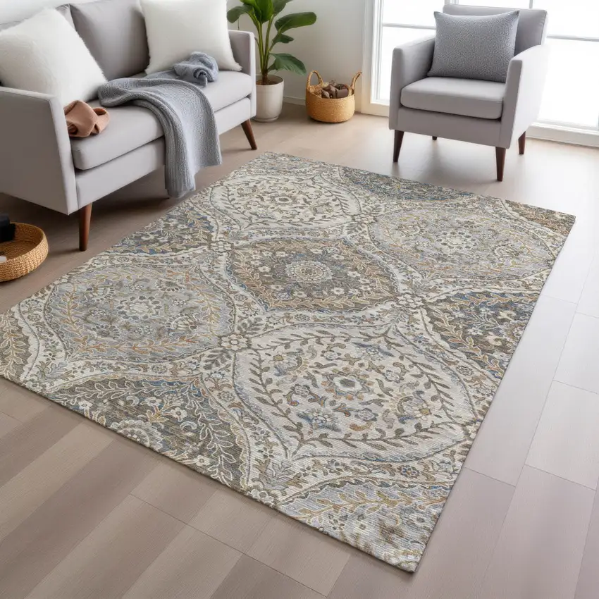 Beige Gold And Denim Blue Floral Washable Indoor Outdoor Area Rug Photo 6