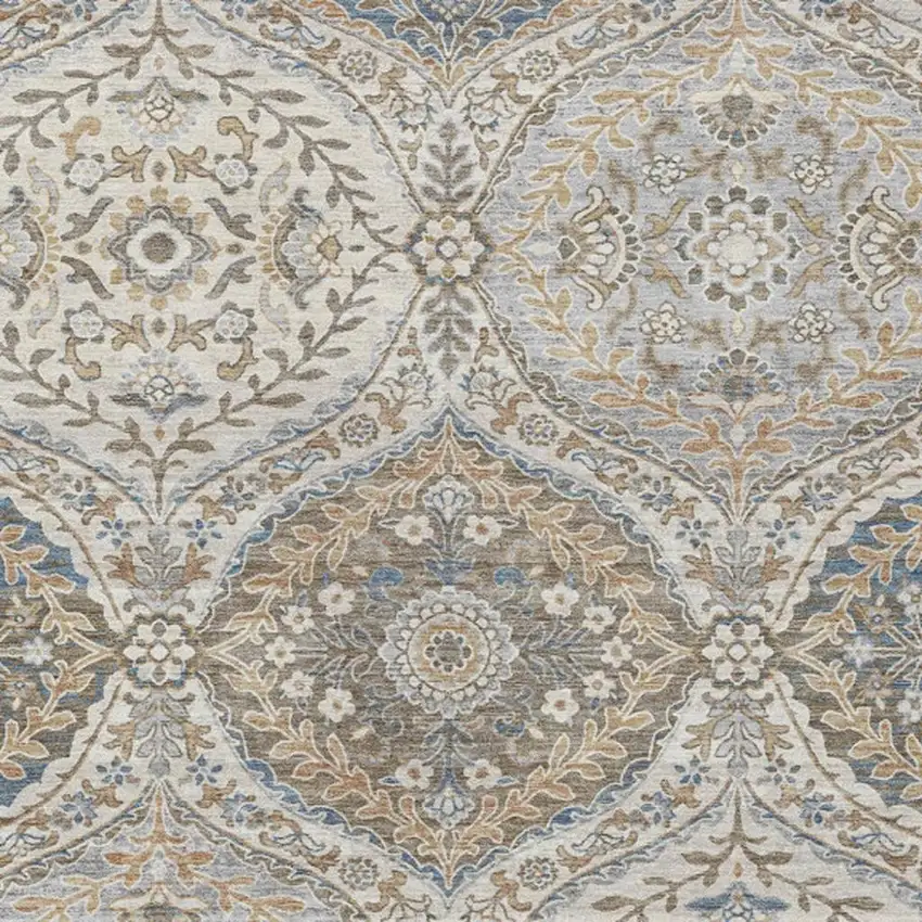 Beige Gold And Denim Blue Floral Washable Indoor Outdoor Area Rug Photo 4