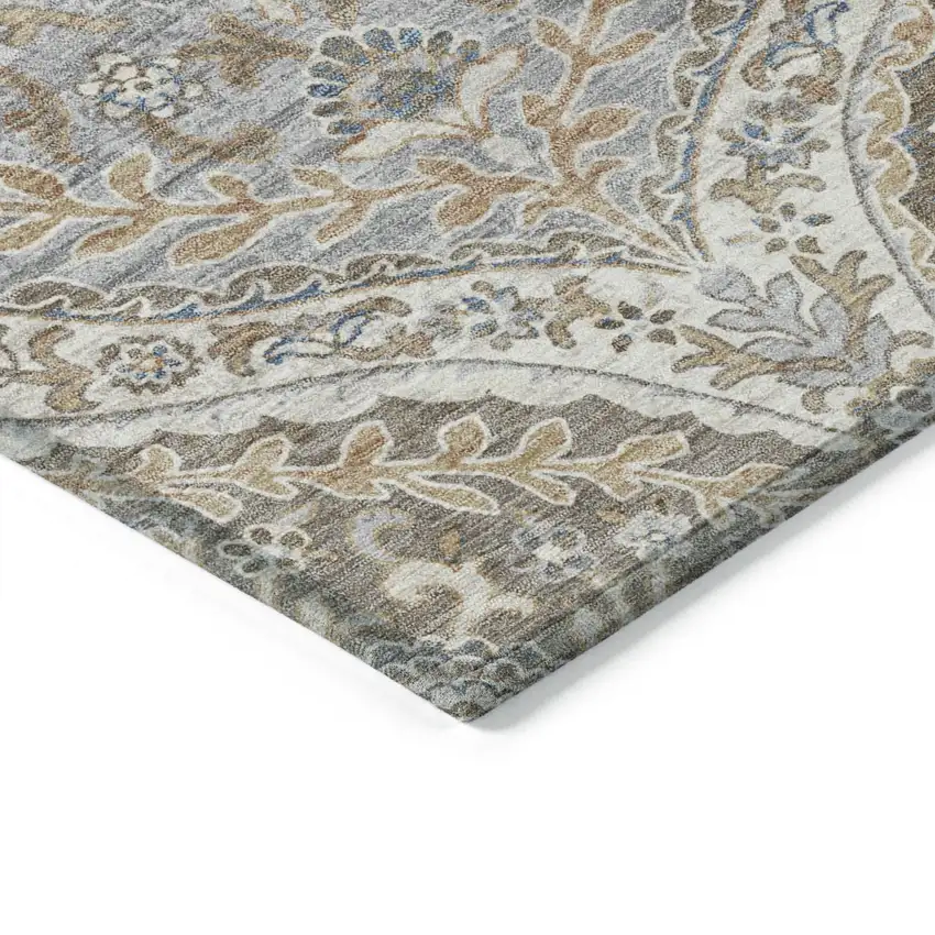Beige Gold And Denim Blue Floral Washable Indoor Outdoor Area Rug Photo 9