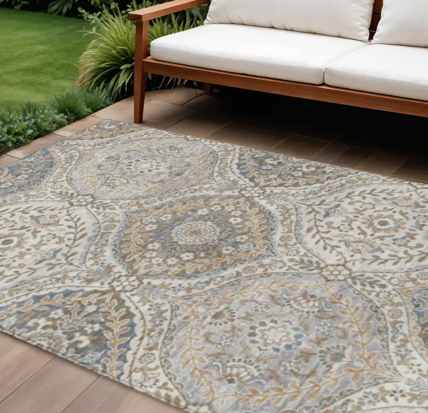 Beige Gold And Denim Blue Floral Washable Indoor Outdoor Area Rug Photo 2